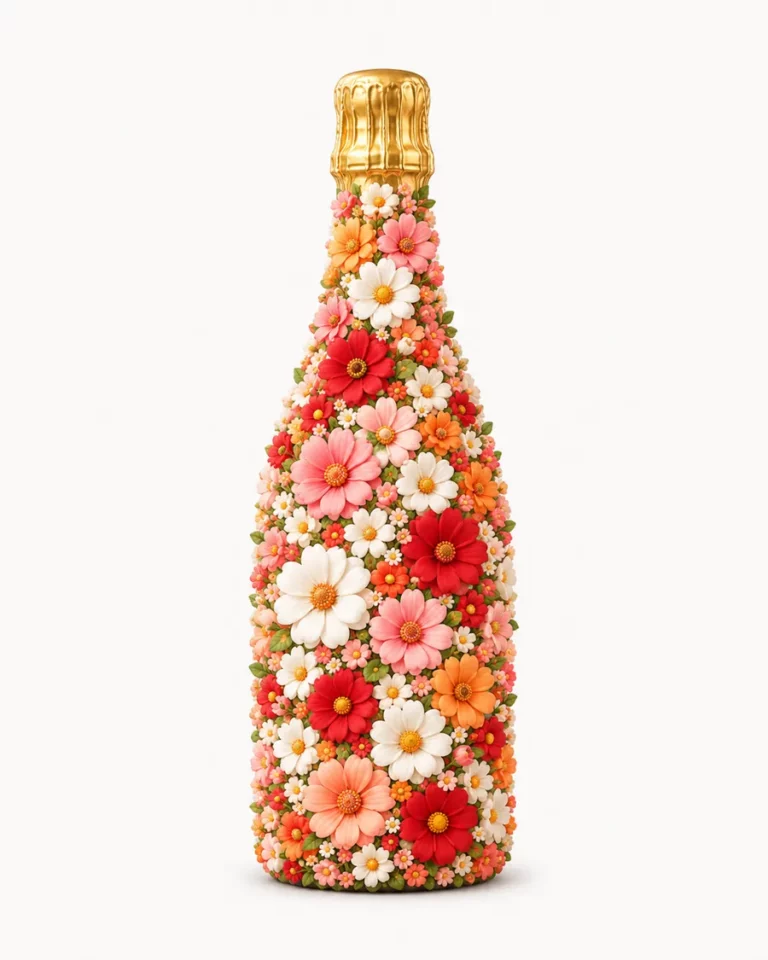 Bouteille de champagne géante recouverte de fleurs, structure florale XXL
