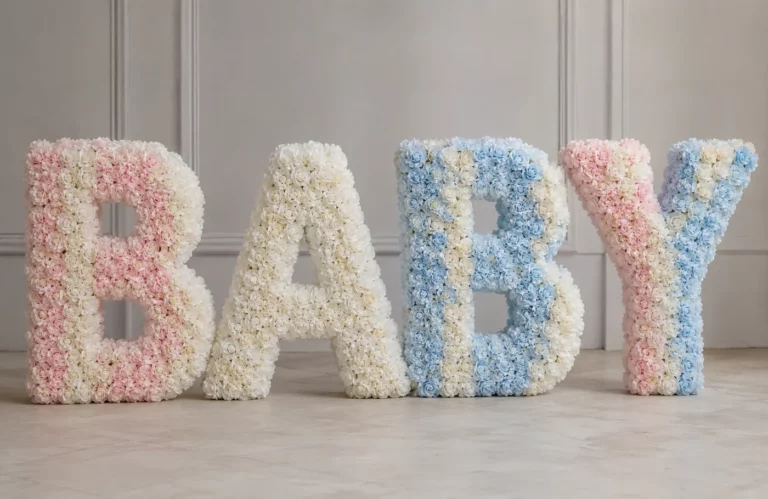 Lettres géantes BABY en fleurs roses, blanches et bleues pour une baby shower